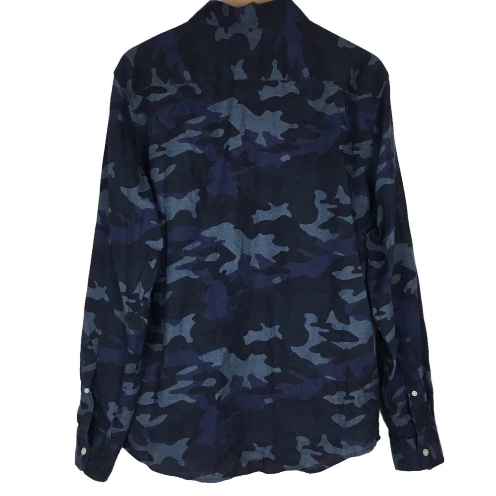 BANANA REPUBLIC Camo Button Up Shirt Untucked Fit Long Sleeve Flannel Navy Large